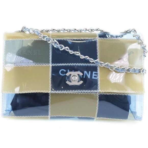 CHANEL Handbags - Rare Vintage CHANEL Blue and Beige PVC Stitched Patchwork CC Logo Should…